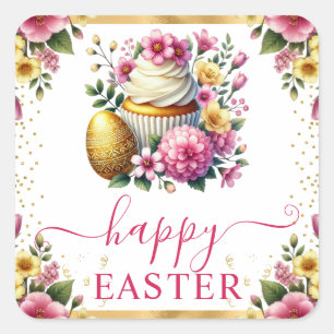 Watercolor Spring Flowers Cupcake Easter Square Sticker