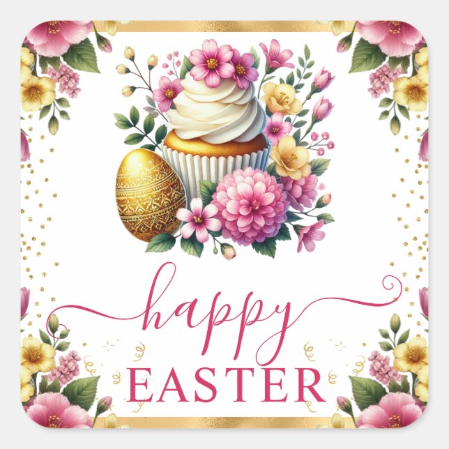 Watercolor Spring Flowers Cupcake Easter Square Sticker (Front)