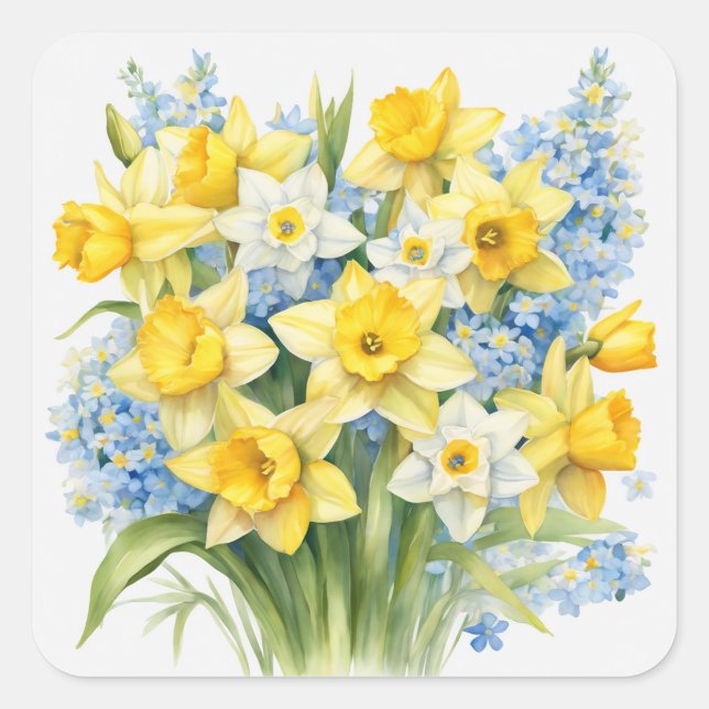 Watercolor Spring Flowers Daffodils Square Sticker (Front)