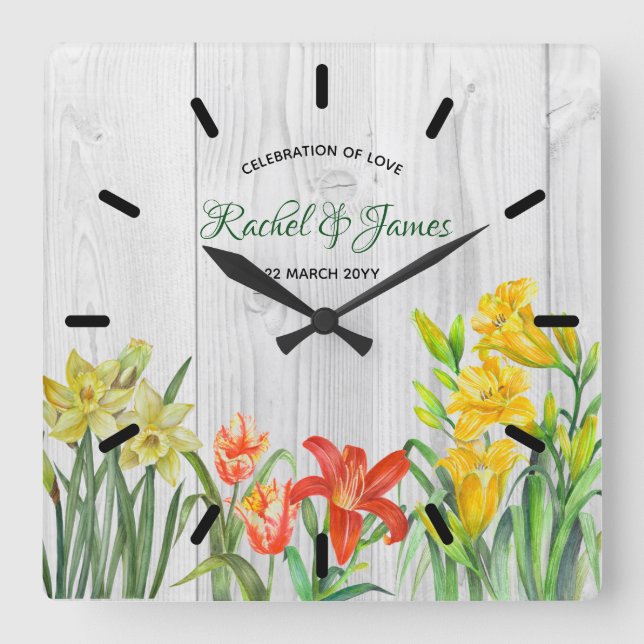Watercolor Spring Flowers Floral Art Square Wall Clock (Front)