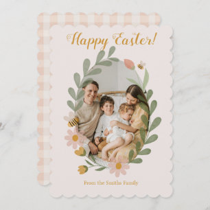Watercolor Spring Flowers Pink Gingham Holiday Card