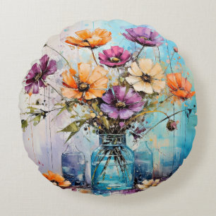 Watercolor Spring Flowers Round Cushion