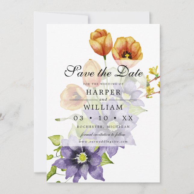 Watercolor spring flowers save the date card (Front)