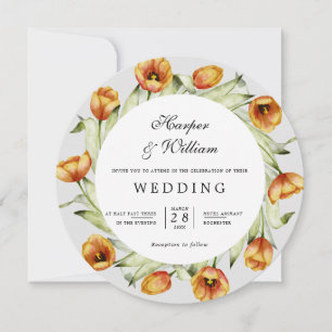 Watercolor spring flowers tulips round wedding invitation