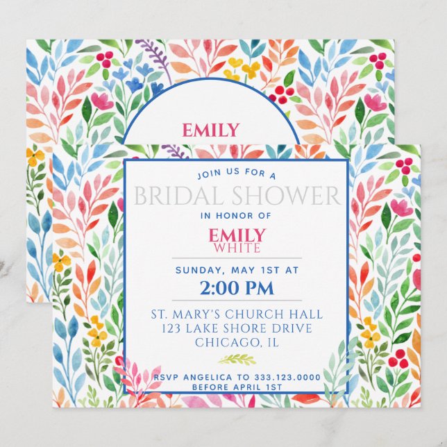 Watercolor Spring Flowers Wedding Bridal Shower Invitation (Front/Back)