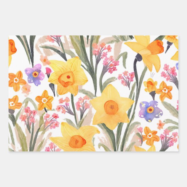 Watercolor Spring Flowers  Wrapping Paper Sheet (Front)