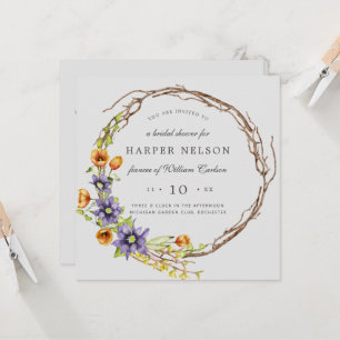 Watercolor spring flowers wreath bridal shower invitation