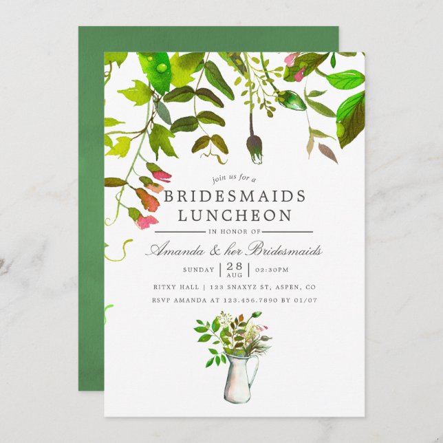 Watercolor Spring Foliage Bridesmaids Luncheon Invitation (Front/Back)