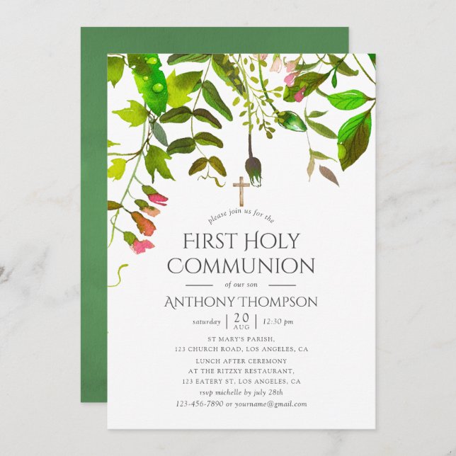 Watercolor Spring Foliage First Holy Communion Invitation (Front/Back)