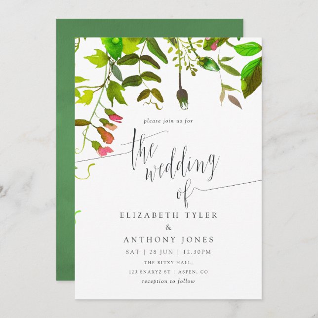 Watercolor Spring Foliage Wedding Invitation (Front/Back)