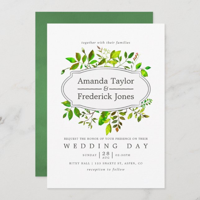 Watercolor Spring Foliage Wedding Invitation (Front/Back)
