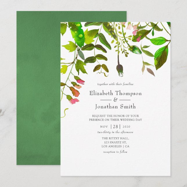 Watercolor Spring Foliage Wedding Invitation (Front/Back)