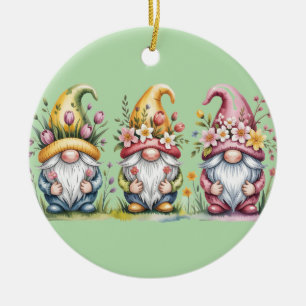 Watercolor Spring Gnome Trio with Floral Hats Ceramic Ornament