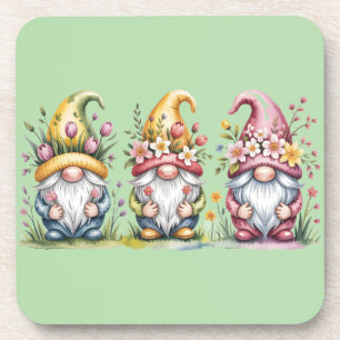 Watercolor Spring Gnome Trio with Floral Hats Coaster