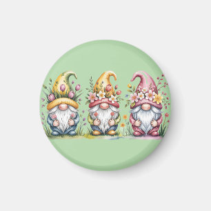 Watercolor Spring Gnome Trio with Floral Hats Magnet