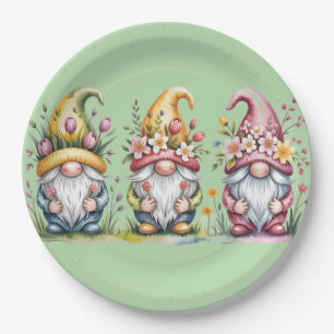 Watercolor Spring Gnome Trio with Floral Hats Paper Plate