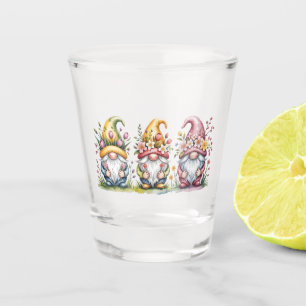 Watercolor Spring Gnome Trio with Floral Hats Shot Glass