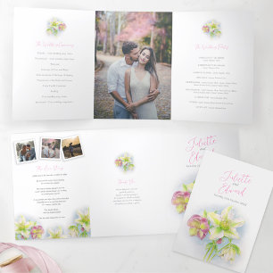 Watercolor spring hellebore flowers wedding photos Tri-Fold programme
