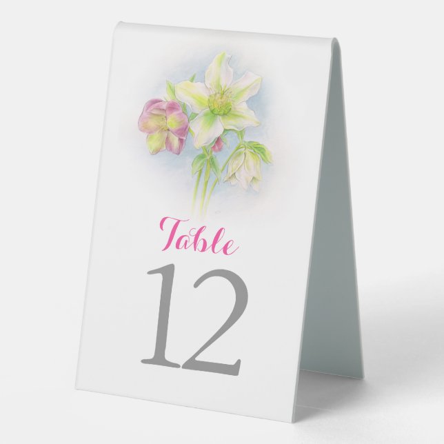 Watercolor spring hellebores wedding table number (Back)