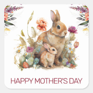 Watercolor Spring Mom and Baby Rabbit Mother's Day Square Sticker