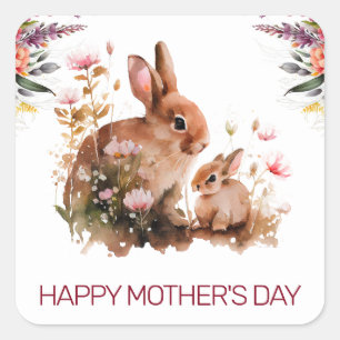 Watercolor Spring Mum and Baby Rabbit Mother's Day Square Sticker