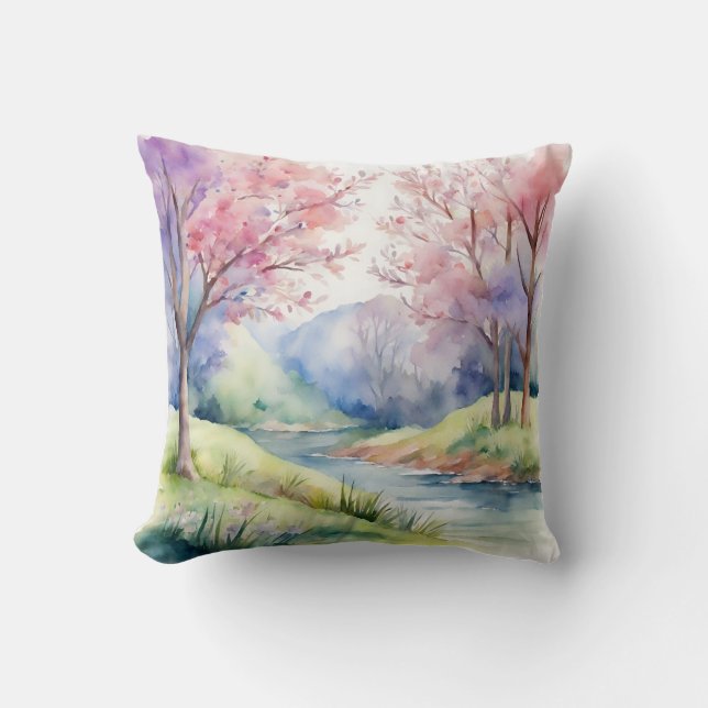 Watercolor Spring Nature Scene Cushion (Front)