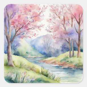 Watercolor Spring Nature Scene Square Sticker