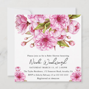 Watercolor Spring Pink Cherry Blossom Baby Shower Invitation