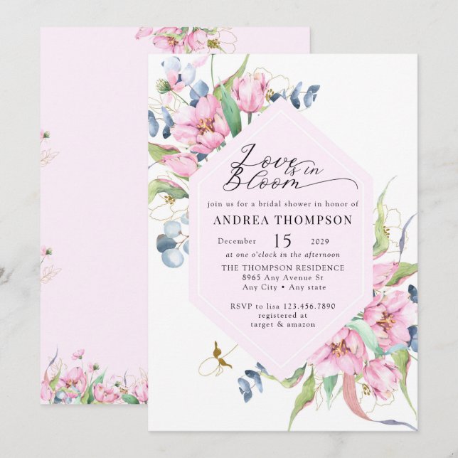 Watercolor Spring Pink Floral Bridal Shower Invitation (Front/Back)