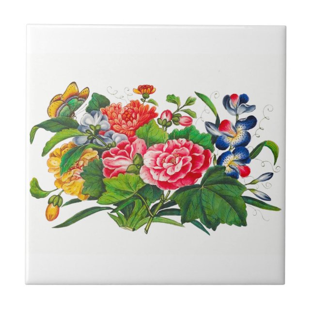 Watercolor Spring Wildflower Bouquet and Butterfly Ceramic Tile (Front)