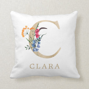 Watercolor Spring Wildflower Faux Gold Letter "C" Cushion