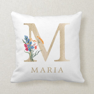 Watercolor Spring Wildflower Faux Gold Letter "M" Cushion