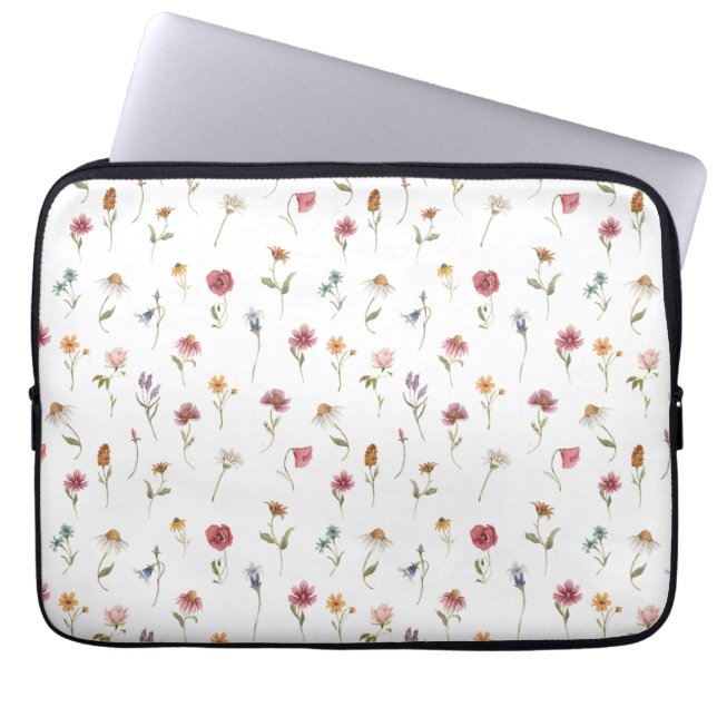 Watercolor Spring Wildflower Pattern Laptop Sleeve (Front)