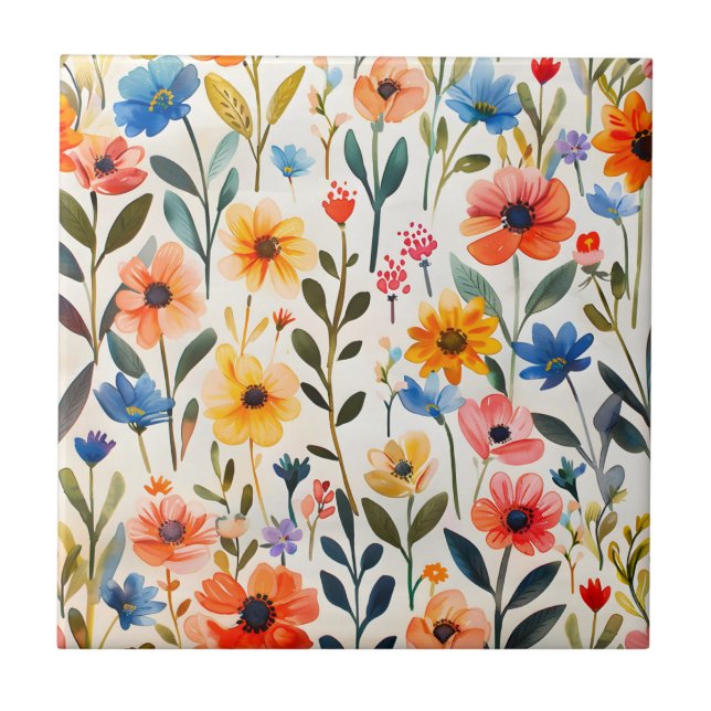 Watercolor Spring Wildflowers Background-99033 Ceramic Tile (Front)