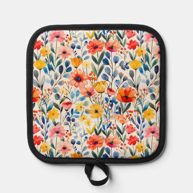 Watercolor Spring Wildflowers Background-99034 Pot Holder (Front)