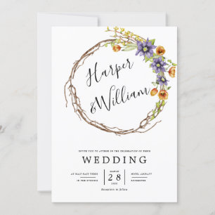 Watercolor spring wreath wedding invitation