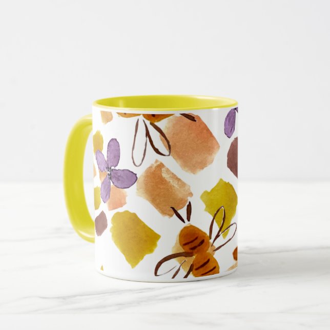 Watercolor Spring Yellow Floral Bee Pattern Mug (Front Left)