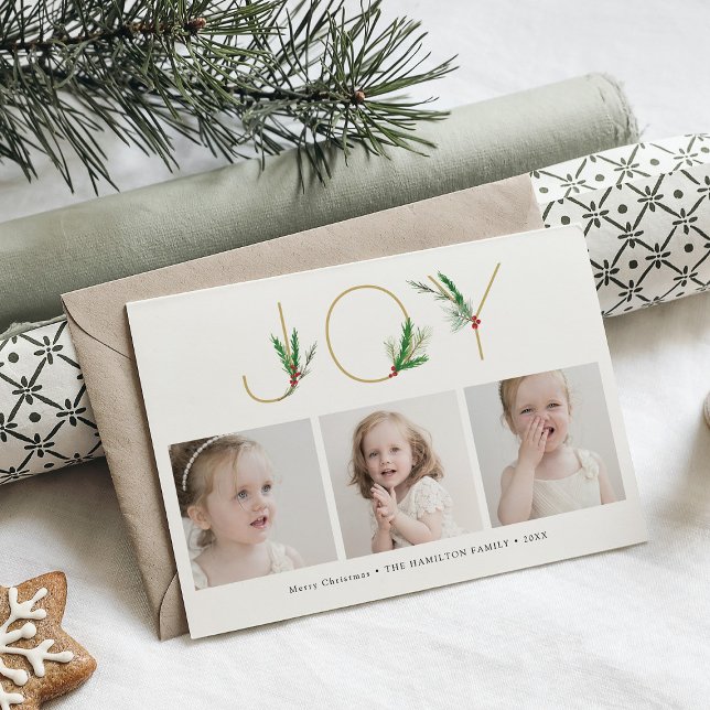 Watercolor Springs Christmas Joy Three Photo Card (Creator Uploaded)