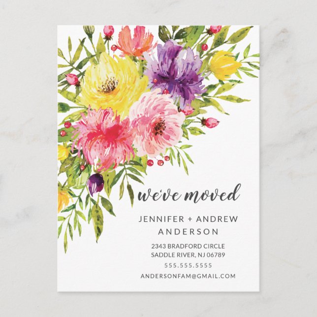 Watercolor Springtime Floral Moving Announcement Postcard (Front)