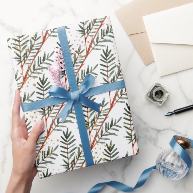 Watercolor Spruce Tree Branches & Gold Splash Wrapping Paper (Gifting)