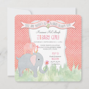 Watercolor Square Cute Girl Baby Shower Elephant Invitation