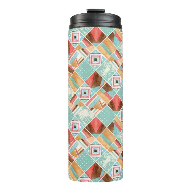Watercolor square, patchwork geometric background. thermal tumbler (Front)