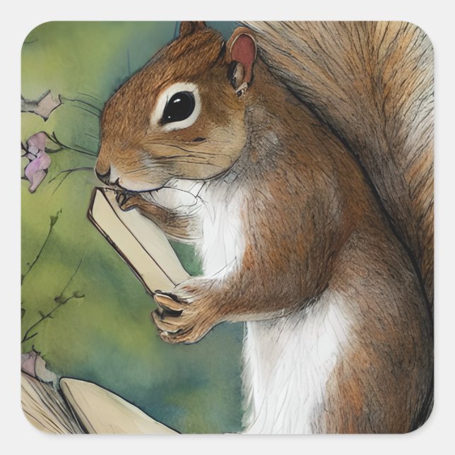 Watercolor Squirrel Reading a Book Square Sticker (Front)