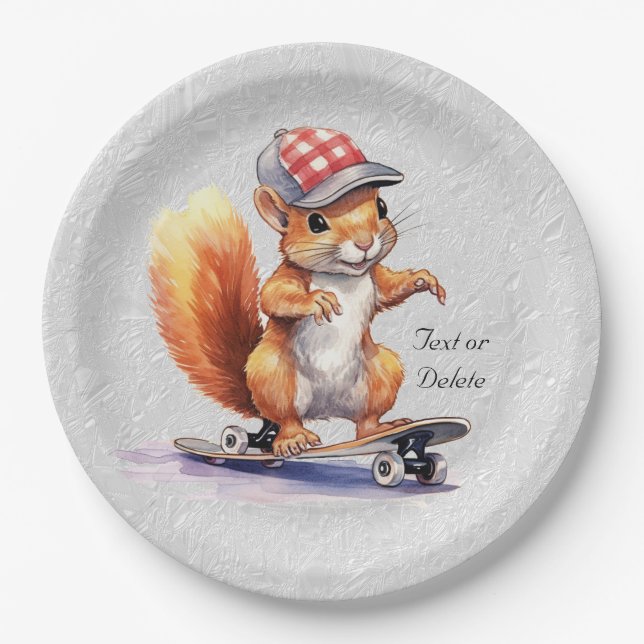 Watercolor Squirrel Skateboard Paper Plate (Front)