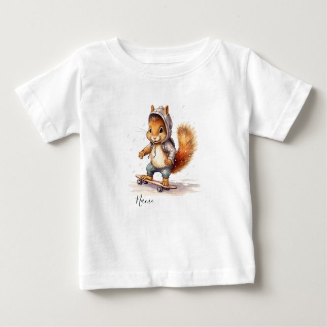  Watercolor Squirrel Snowboard Baby T-Shirt (Front)
