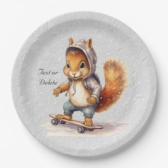 Watercolor Squirrel Snowboard Paper Plate (Front)