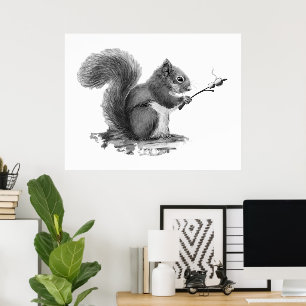 Watercolor Squirrel Toasting Marshmallow Animal  Poster