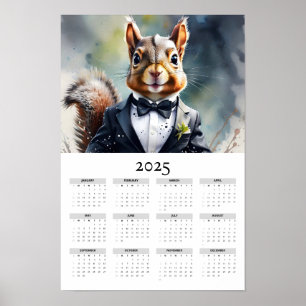 Watercolor Squirrel Tux Bow Tie 2025 Wall Calendar Poster