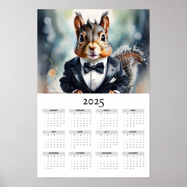 Watercolor Squirrel Wearing Tux 2025 Wall Calendar Poster (Front)