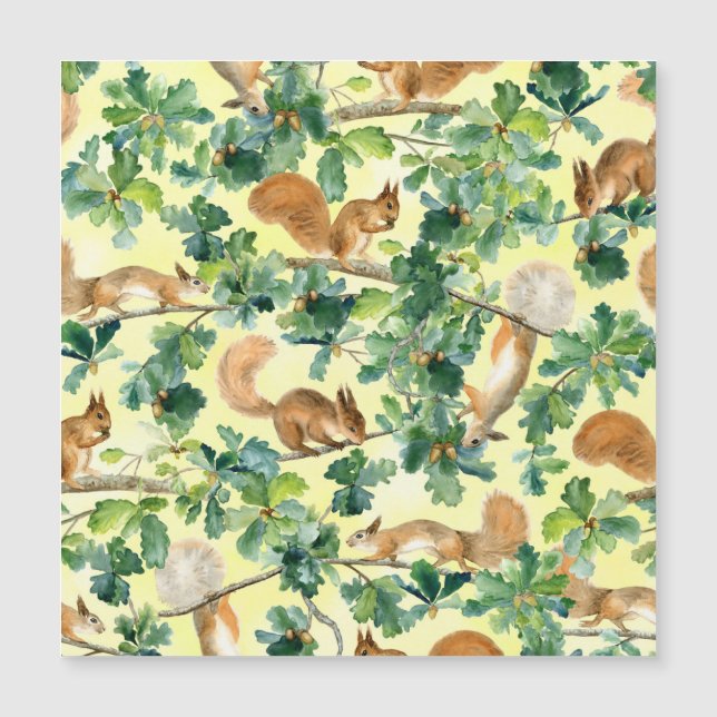Watercolor squirrels, oak seamless pattern. (Front)